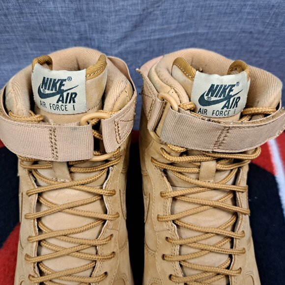 Size 9.5 Women’s NIKE AIR FORCE 1 HI HIGH PREMIUM PRM FLAX-WHEAT 654440-200 2016 - Picture 11 of 13